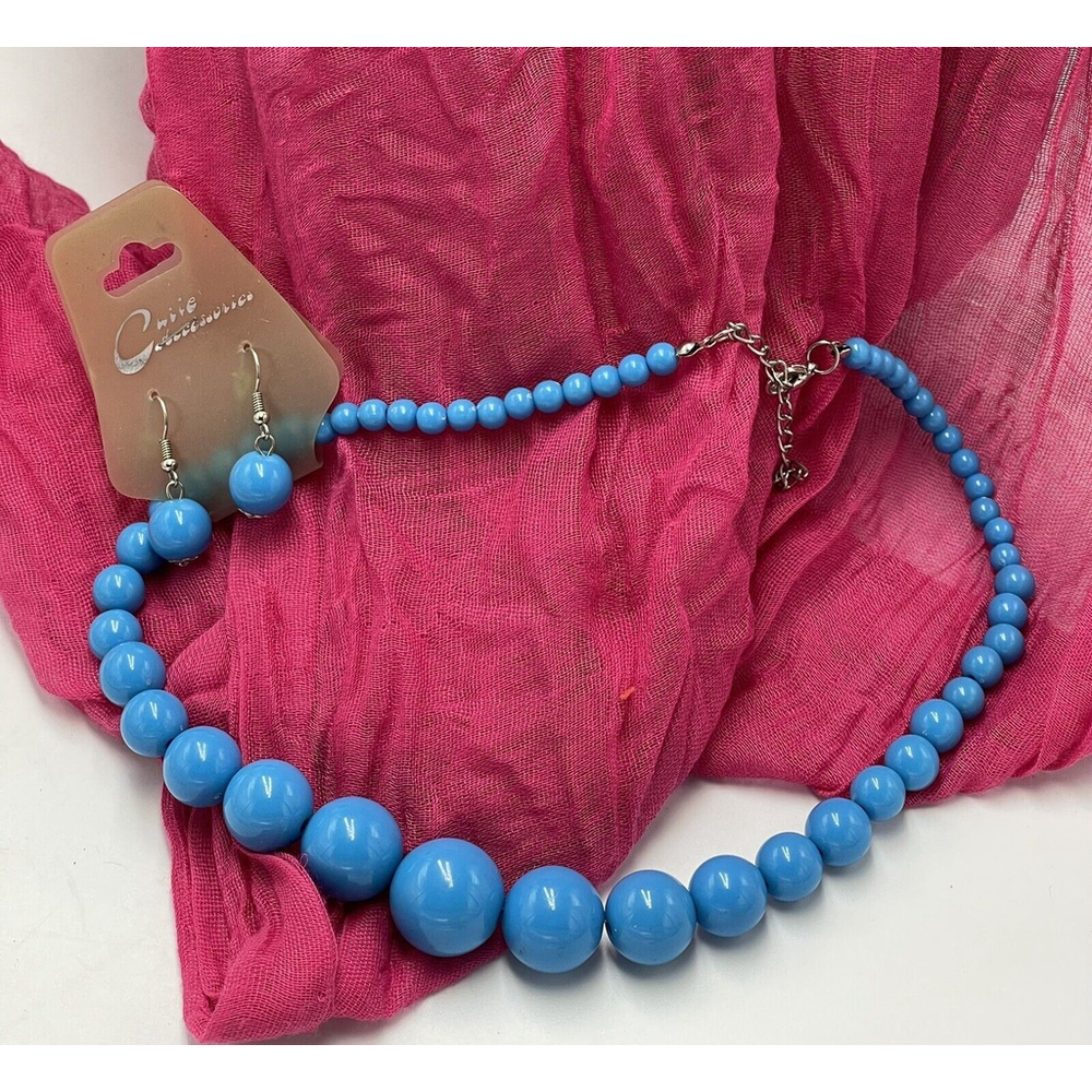 Blue Vintage Graduated Round Bead Necklace Earrings 17" - 18.5" Retro NOS